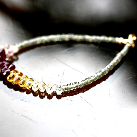 Natural Green , Plum and Yellow Sapphire Bracelet Handmade Solid 14K Yellow Gold - Picture 2 of 11